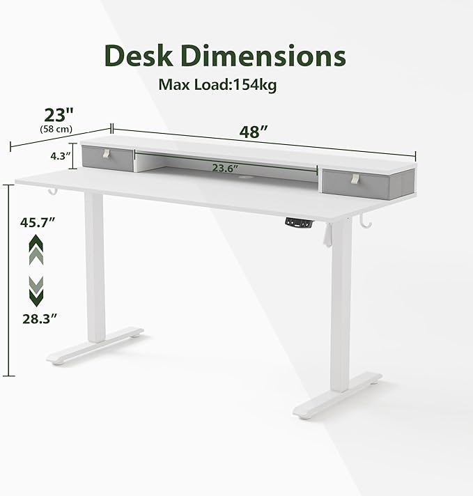 Agilestic 48 x 23 Inches Electric Standing Desk with 2 Storage Drawers, Adjustable Height Sit and Stand Computer Table with Splice Board, White