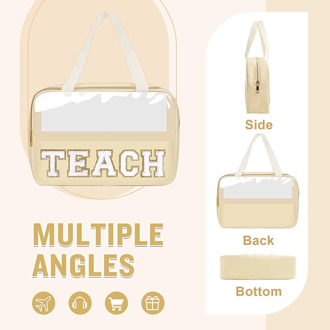 izuzta Teacher Appreciation Gifts TEACH Chenille Letter Clear Makeup Bag Pouch, Monogram Teacher Supplies Zipper with Handle Travel Cosmetic Bag Graduation Retirement Gifts for Women(TEACH-Beige)
