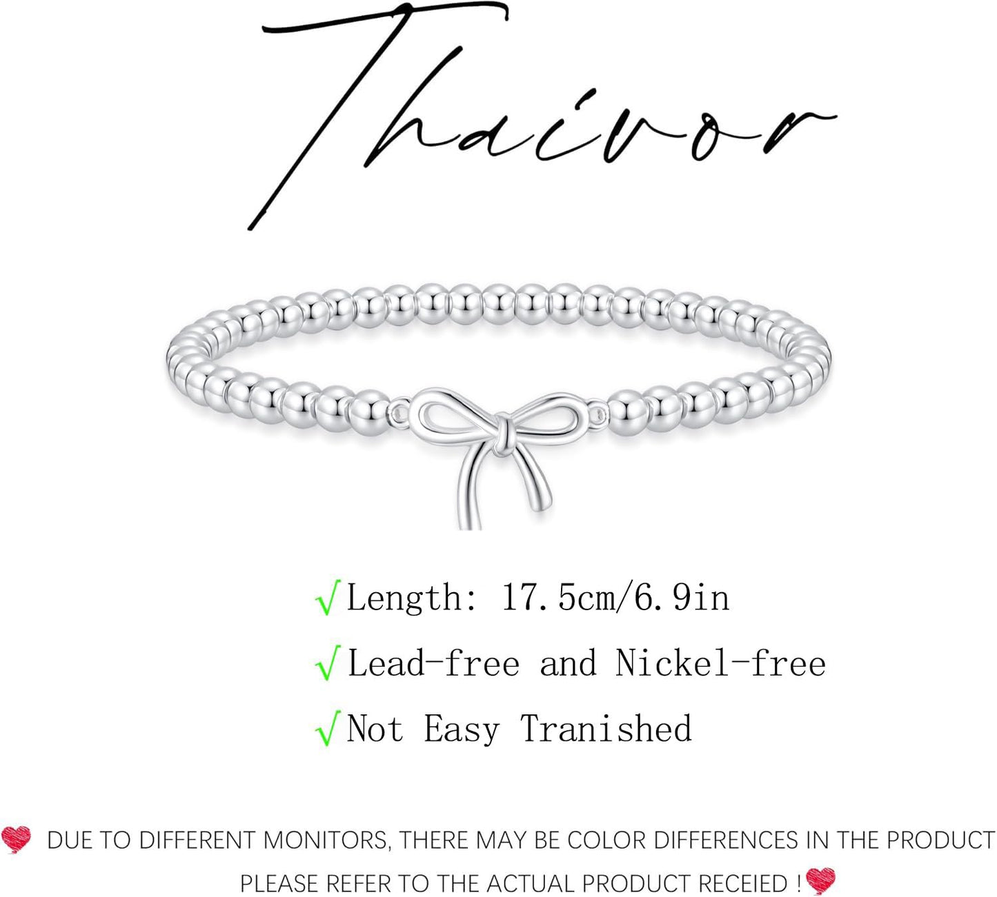 Beaded Bracelets for Women 14K Silver Gold Plated Stretch Handmade Ball Bracelets Cute Charm Bracelet Dainty Stackable Cross Heart Bow Wave CZ Circle Trendy Jewelry Easter Gifts (bow-silver)