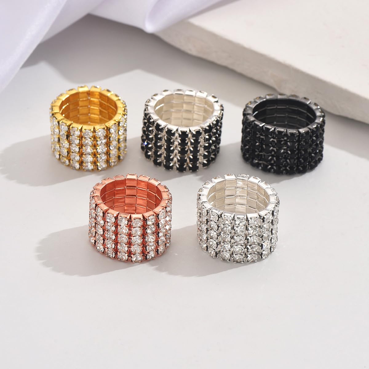 2PCS Rhinestone Stretch Ring for Women Sparkling Gold Silver Black Crystal Knuckle Ring Set Fashion Crystal Stackable Finger Rings Set Elegant Bridal Wedding Stretchy Statement Rings Jewelry (Black)