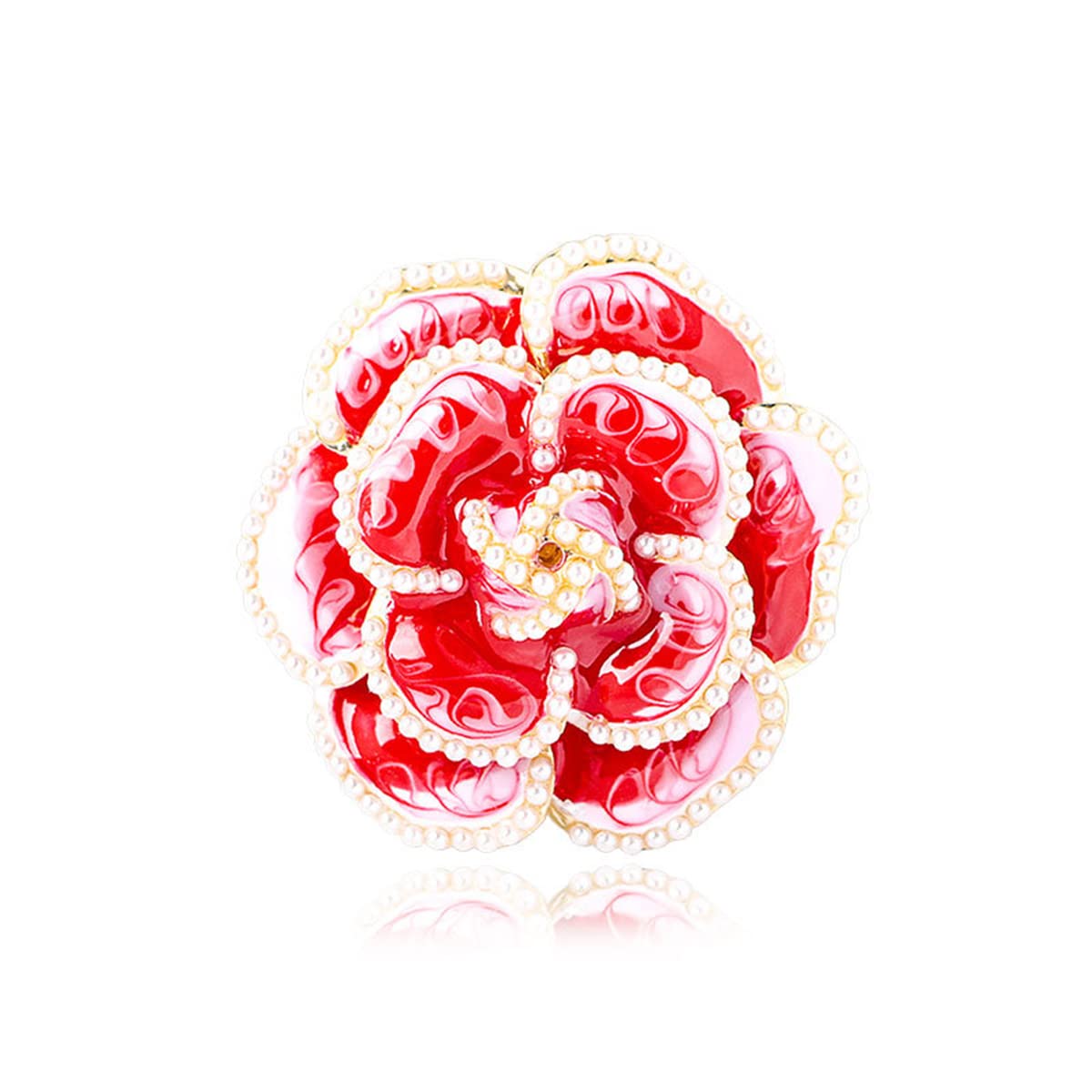 Enamel Camellia Pearl Brooch - Elegant Petal Pin Wedding & Party Brooch Gift (Red)