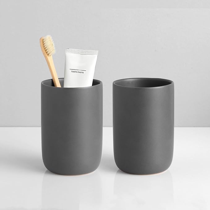 Matte Grey Toothbrush Holders for Bathrooms - Ceramic Toothbrush Toothpaste Holders Set, Grey Bathroom Tumbler Cups Reusable Toothbrush Cup, Counter Organizer