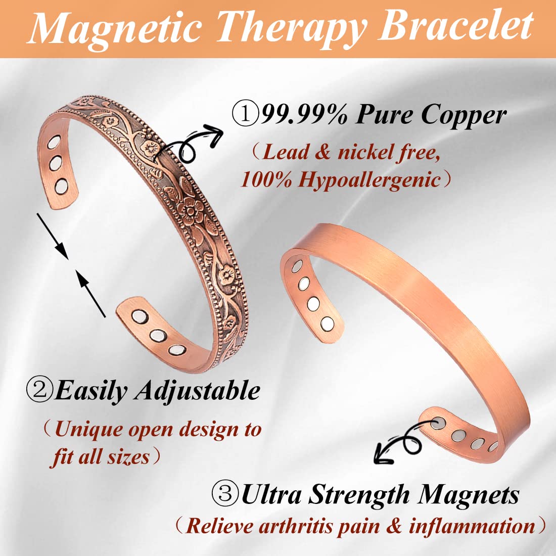 Cigmag 2PCS Copper Bracelets for Women Pure Copper Bracelet Cuff Bangle Strength Magnets Adjustable