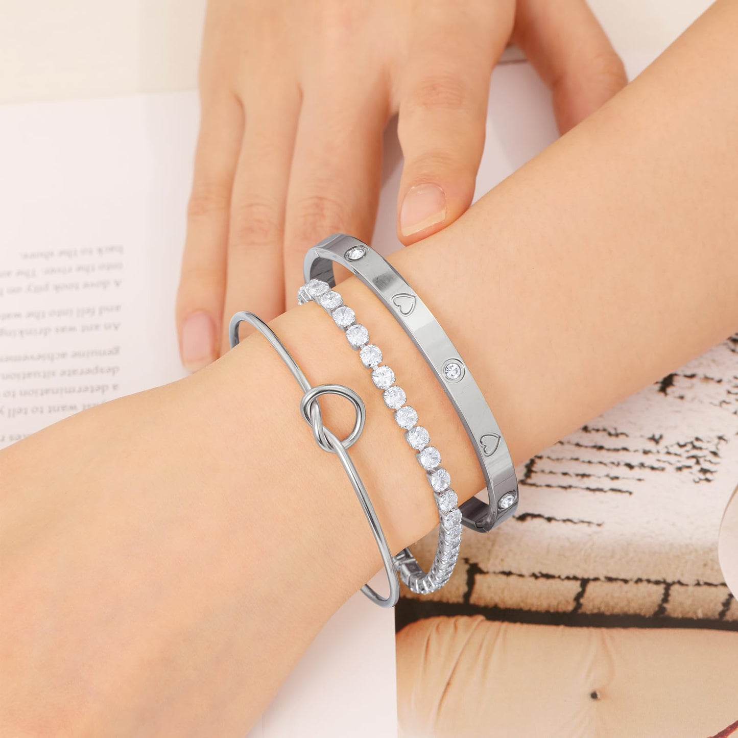 FAFUGA 18 K Silver Plated Love Bangle Bracelet Stack Cuff Jewelry for Women Jewelry Set for Women Gift with Box (style17)