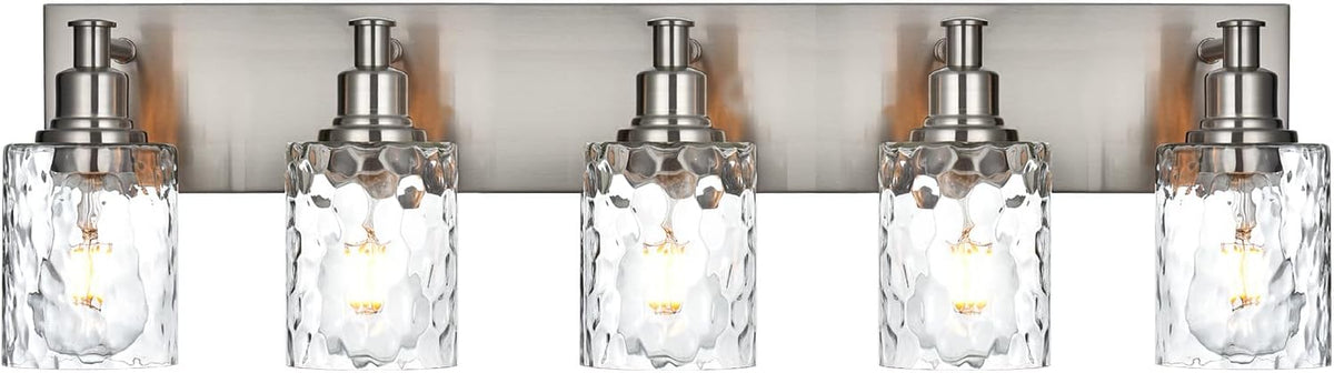 BONLICHT 5 Lights Sconces Wall Lighting Brushed Nickel with Hammered Glass Shade, Industrial Bathroom Light Fixtures Vanity Lights Porch Light Fixtures Classic Metal Wall Mount Lamp Over Mirror