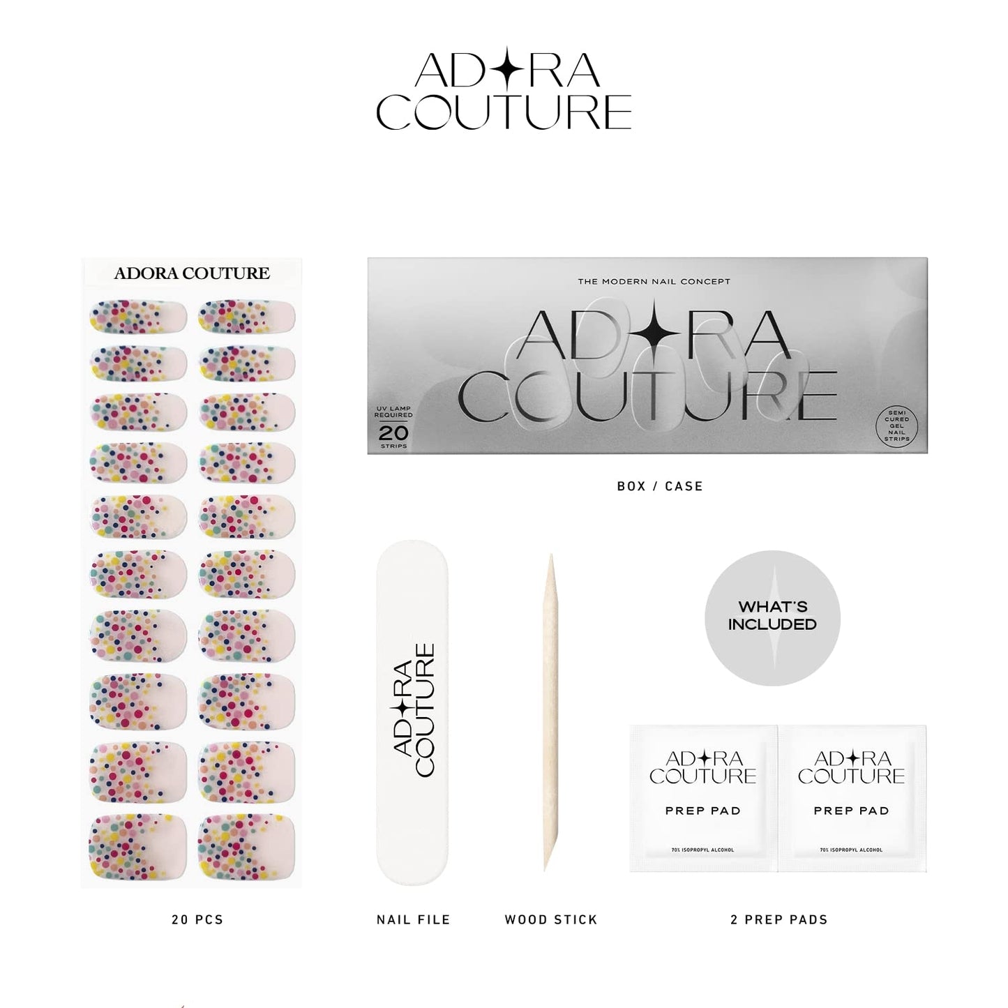 Adora Couture Semi Cured Gel Nail Strips with 20 Pieces - UV Gel Stickers, Manicure Kit, Easy Application Wraps Includes Prep Pads, Nail File, Wooden Stick - UV Light Required (Sprinkles)