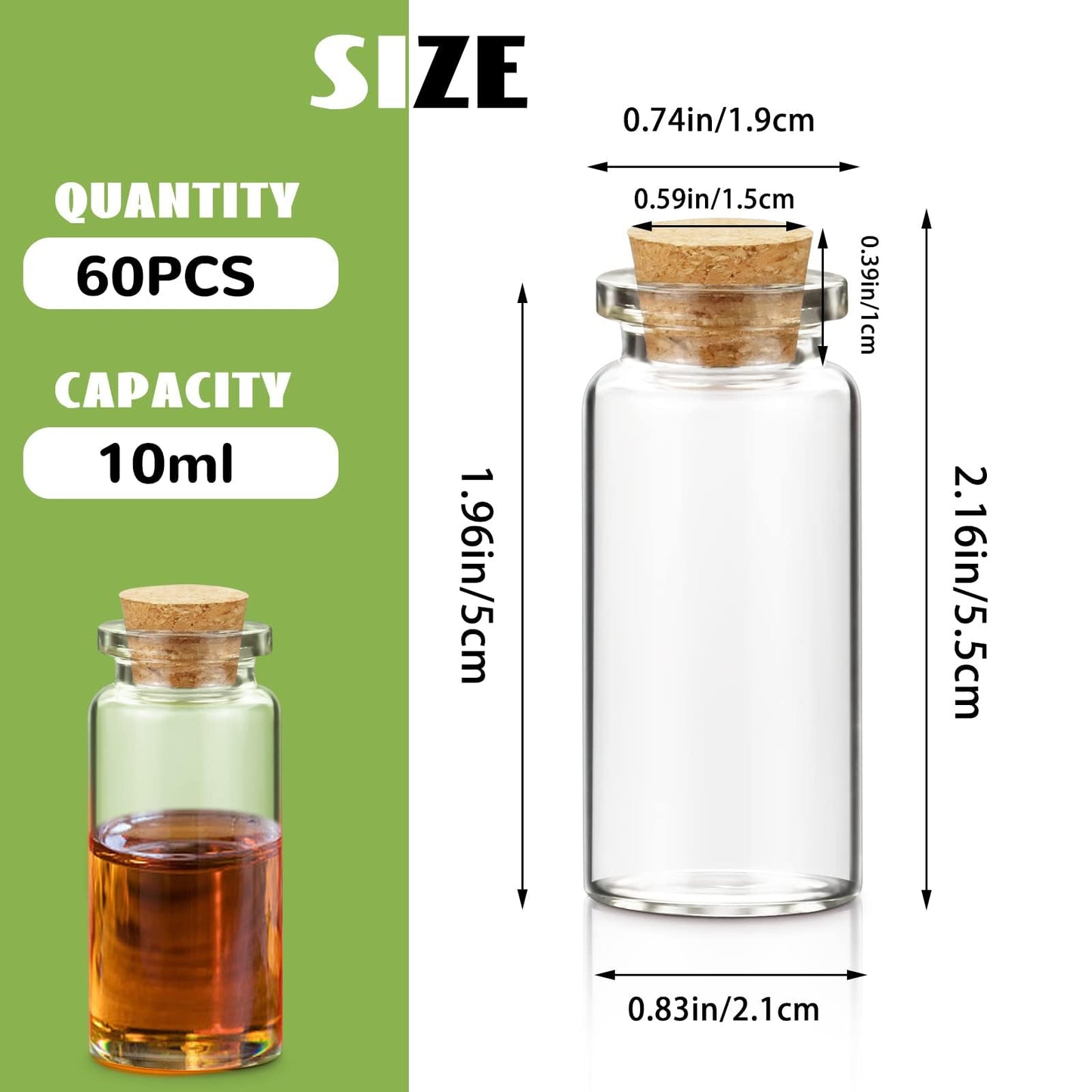 WFPLUS 60 Pcs 10ml Small Glass Bottles with Cork Stopper - DIY Mini Glass Jars, Tiny Clear Vials with Cork for Display Art Crafts Decoration Wedding Party Supplies