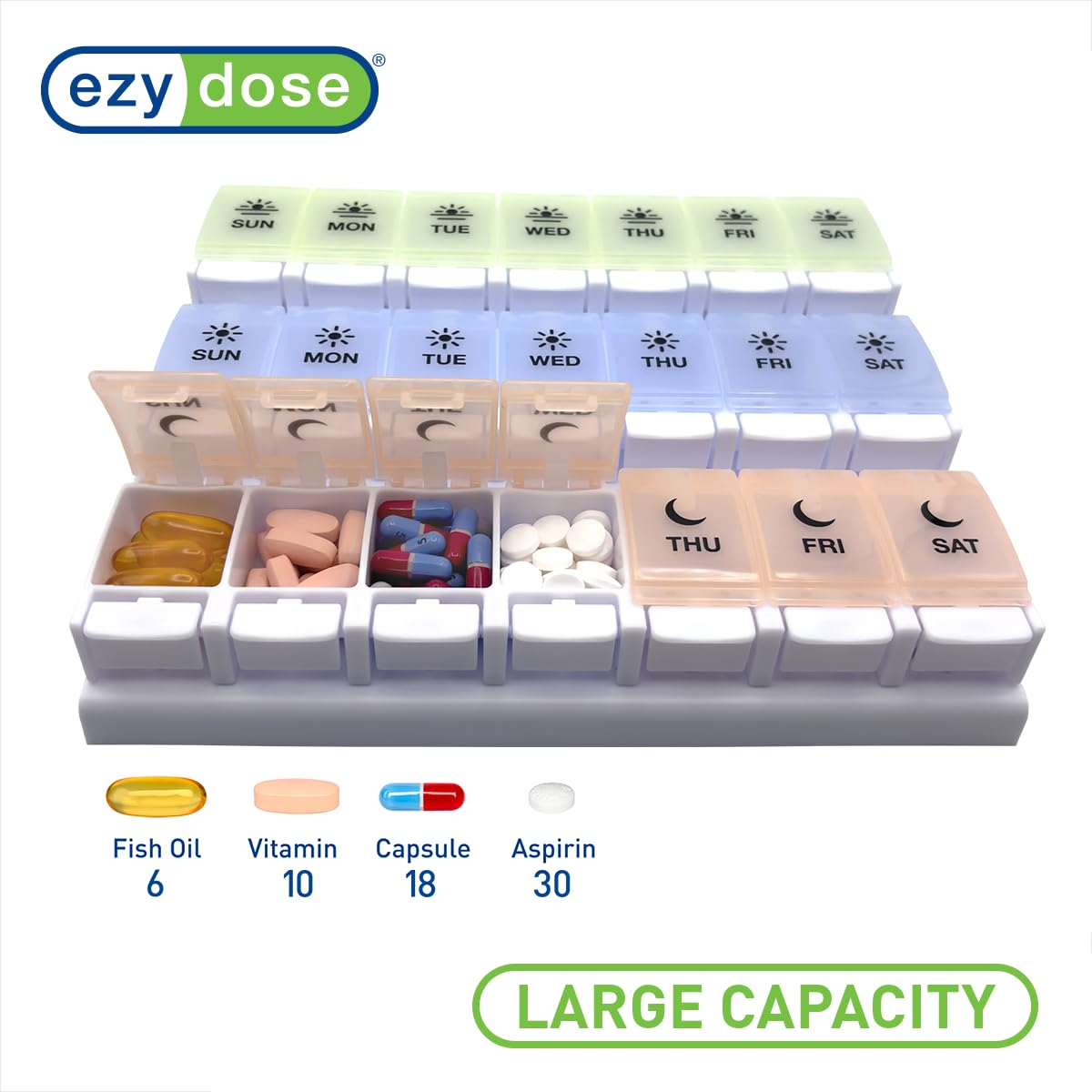 EZY DOSE Weekly (7-Day) Pill Case, Daily Medicine Planner, Vitamin Organizer Container, Large Push Button Compartments, Easy to Use, 3 Times a Day, Spring Open Design, Pastel Rainbow Lids, BPA Free