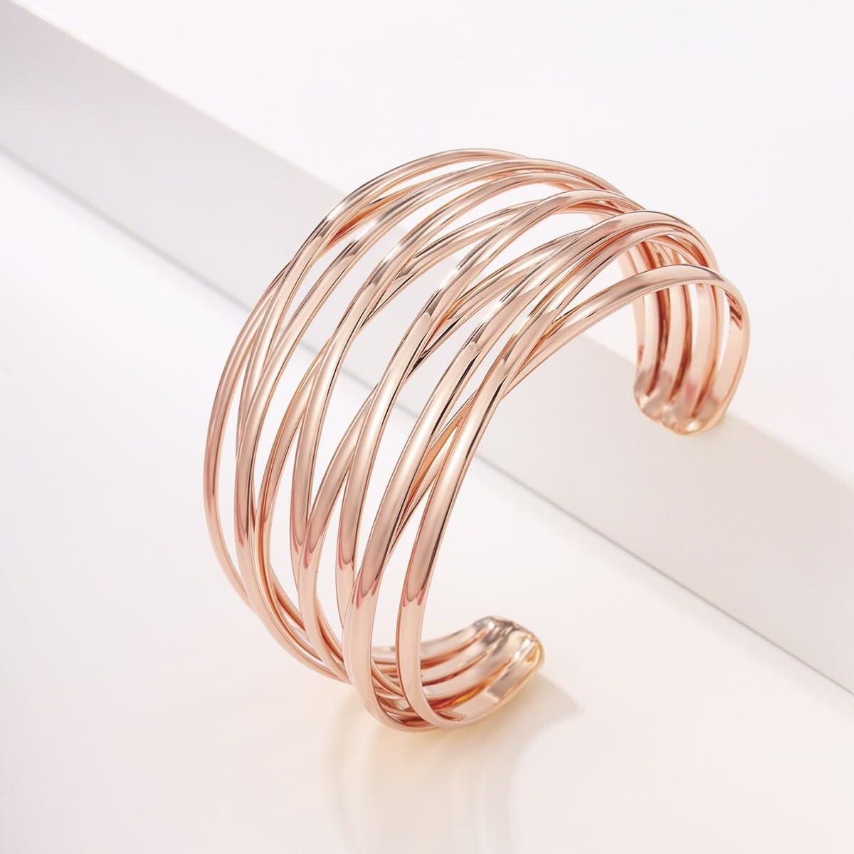SELFWIMG Rose Gold Cuff Bangle Bracelet for Women Trendy Multi-layer Wire Warp Bangle Bracelet Wide Open Chunky Cuff Bracelets Boho Twisted Wrist Accessories Jewelry Gifts