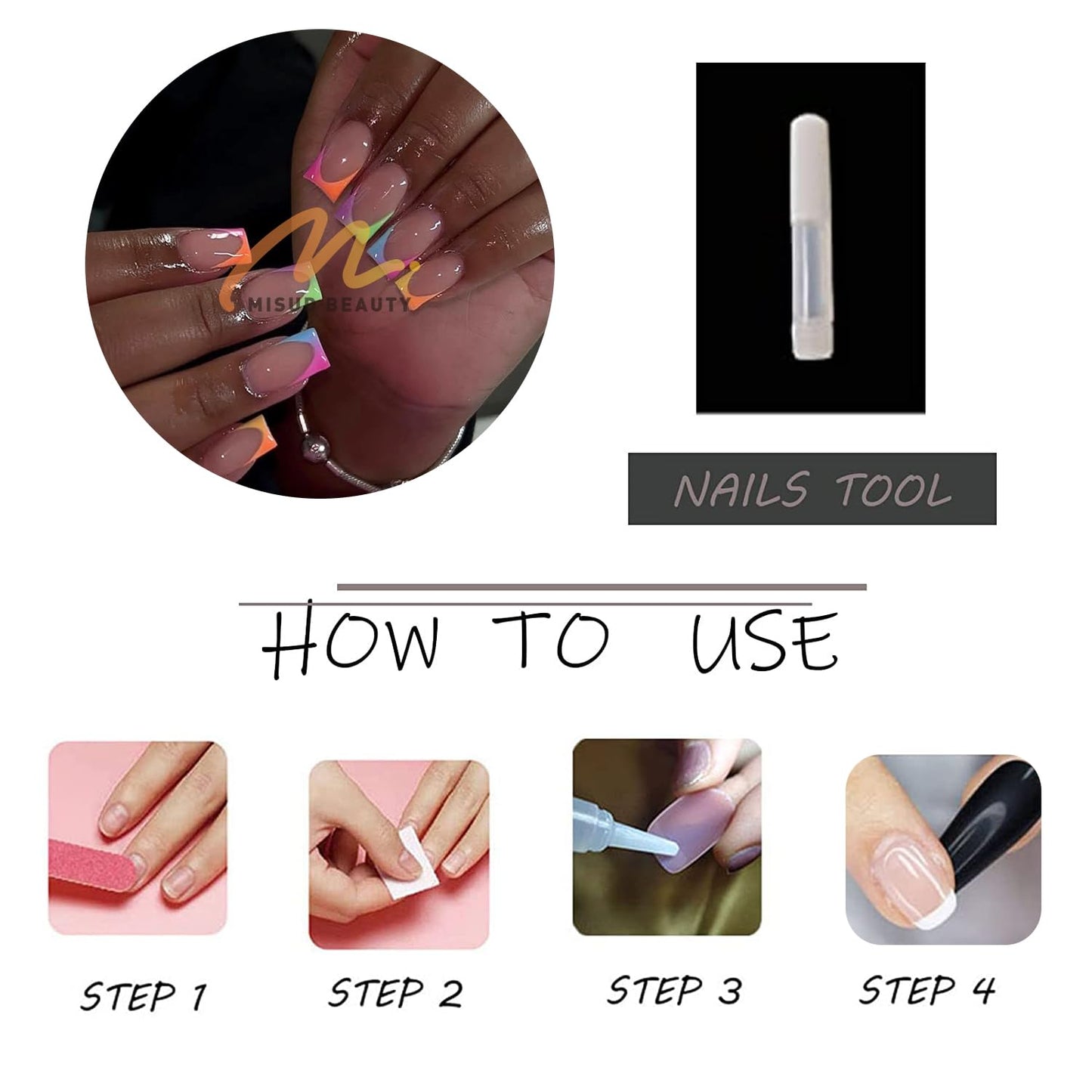 MISUD Press on Nails - Short Square Glue on Nails with Colorful French Tip, Acrylic Summer Rainbow Design 24 pcs