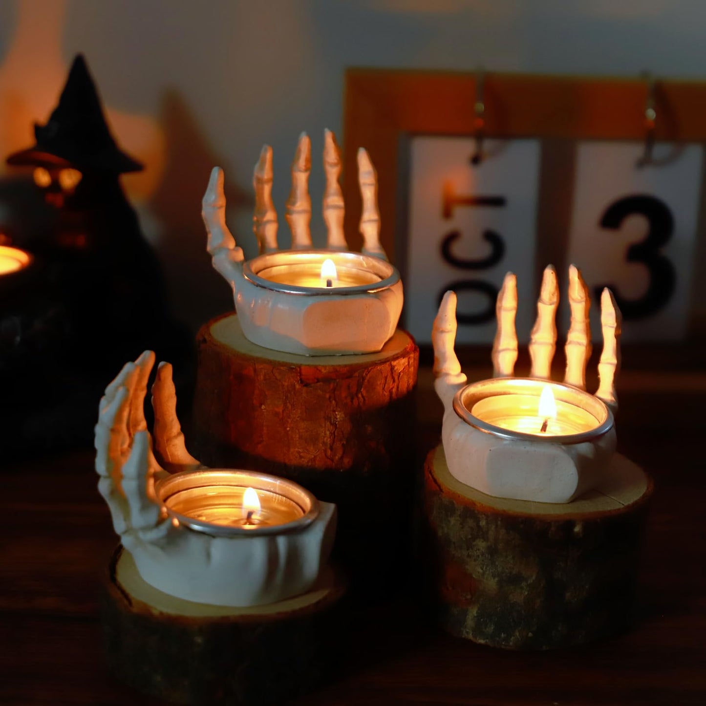 3pcs Gothic Skeleton Hand Tea Light Candle Holders, Halloween Candle Holders, Horror-Themed Spooky Home & Halloween Decorations