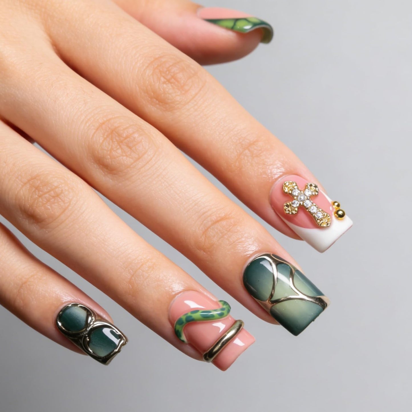 Handmade Square Press on Nails Green French Tip Short Stick on Nail 3D Silver Embossed Designs Luxury Rhinestone Pearl False Nails Muti-Layer Gel Acrylic Nails for Women Manicuare 10 Pcs（S)