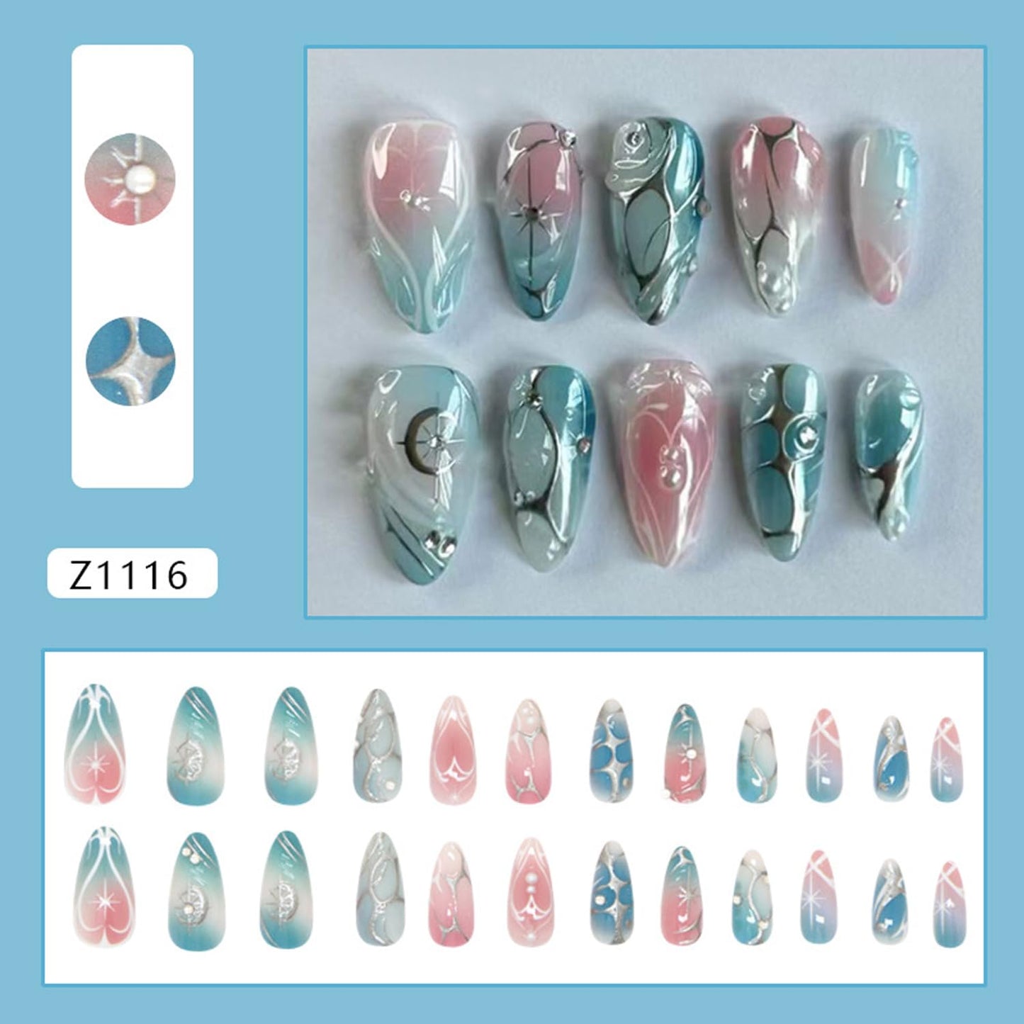 24Pcs French Tip Press on Nails Almond Medium Fake Nails with Irregular Line Star Pearl Gradient Blush False Nails Glossy Full Cover Artificial Glue on Nails Cute Stick on Nail for Women DIY Manicure