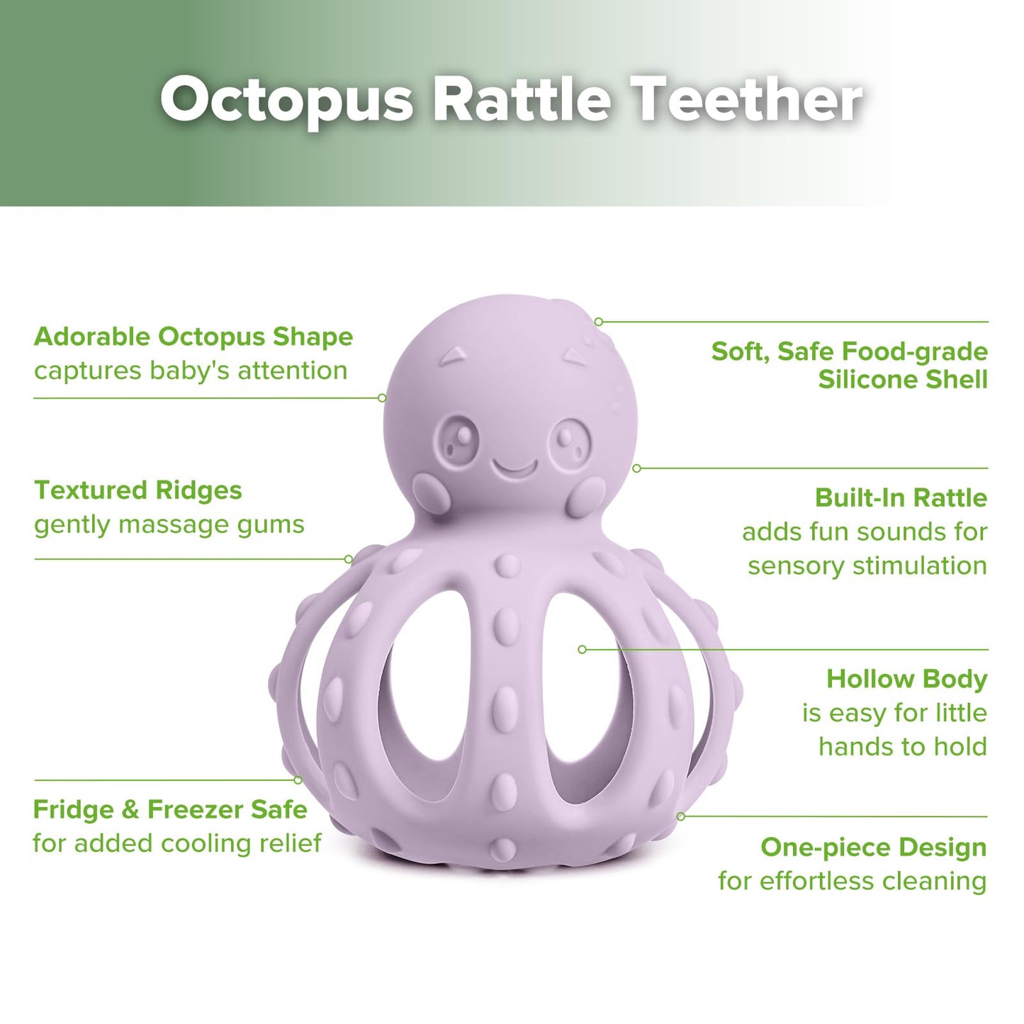 haakaa Octopus Rattle Teether,2-in-1 Baby Teething Toy with Gentle Rattle,Soft Textured Teether for Sore Gums,Easy to Grasp Sensory Toy for Babies 3M+,Lavender