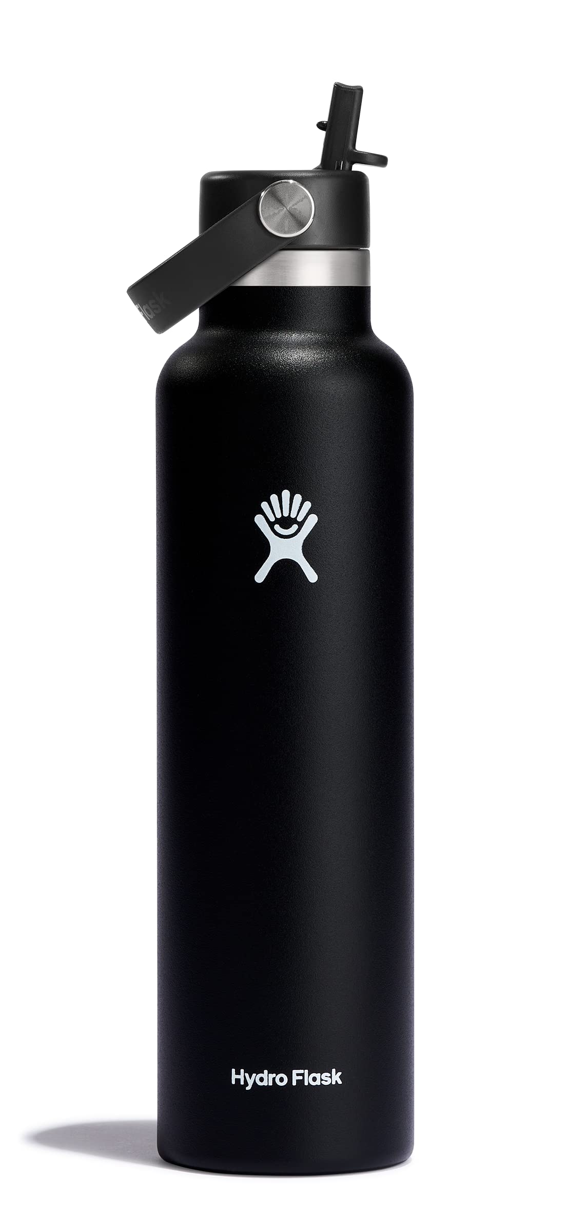 Hydro Flask Water Bottle - Insulated Stainless Steel - Straw Lid, Non Spill, Leakproof 24 Oz Black
