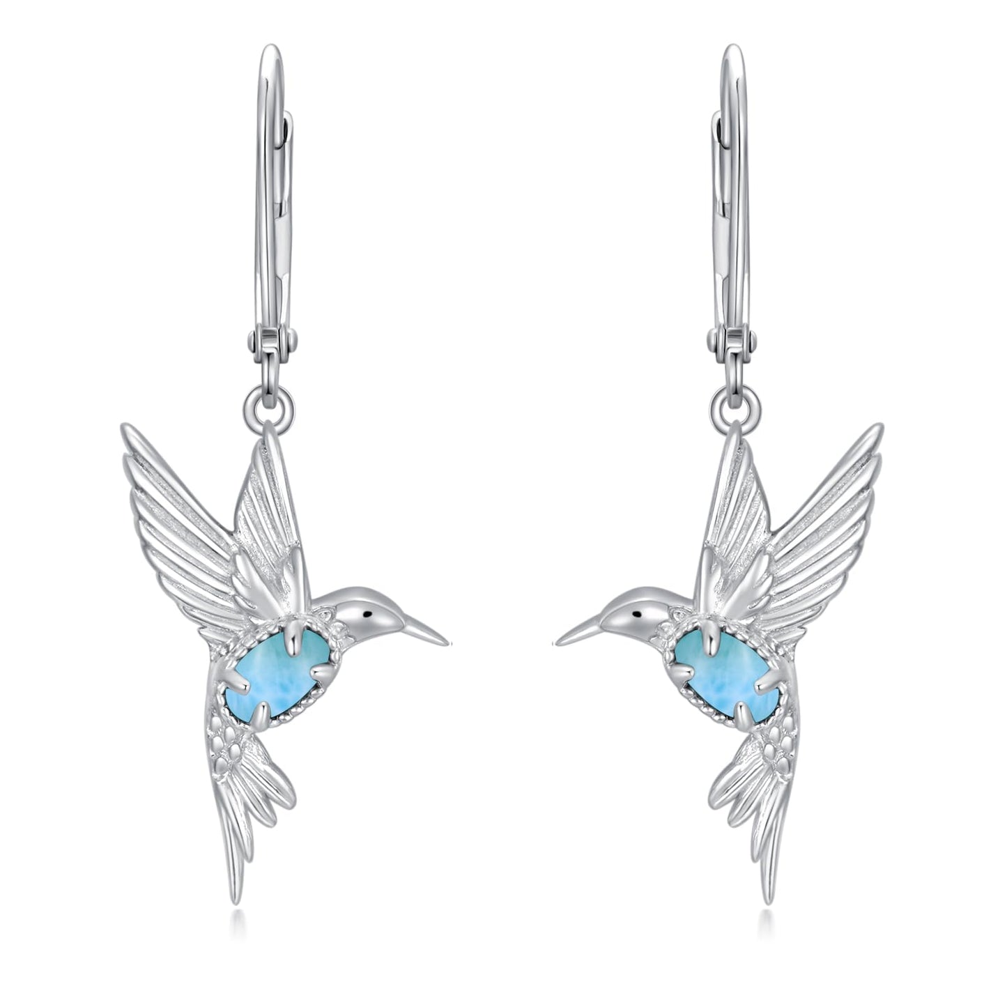 BETHZA Hummingbird Earrings 925 Sterling Silver Genuine Larimar Hummingbirds Drop Dangle Earring Animal Jewelry Gifts for Women