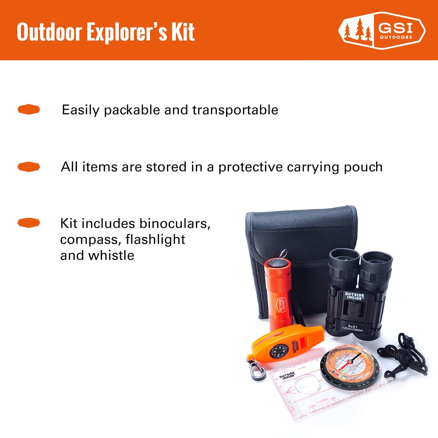 Outside Inside Explorer's Essentials Kit for Outdoor Adventures, Includes Binoculars, Compass, Flashlight and Whistle, Protective Carrying Pouch