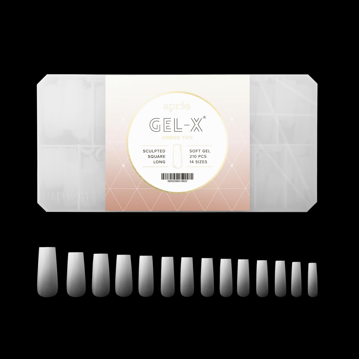 Apres Ombre Gel-X® Box of Nail Tips, 14 Sizes 00-9, Premium Quality (Sculpted Square Long, 210 Count)