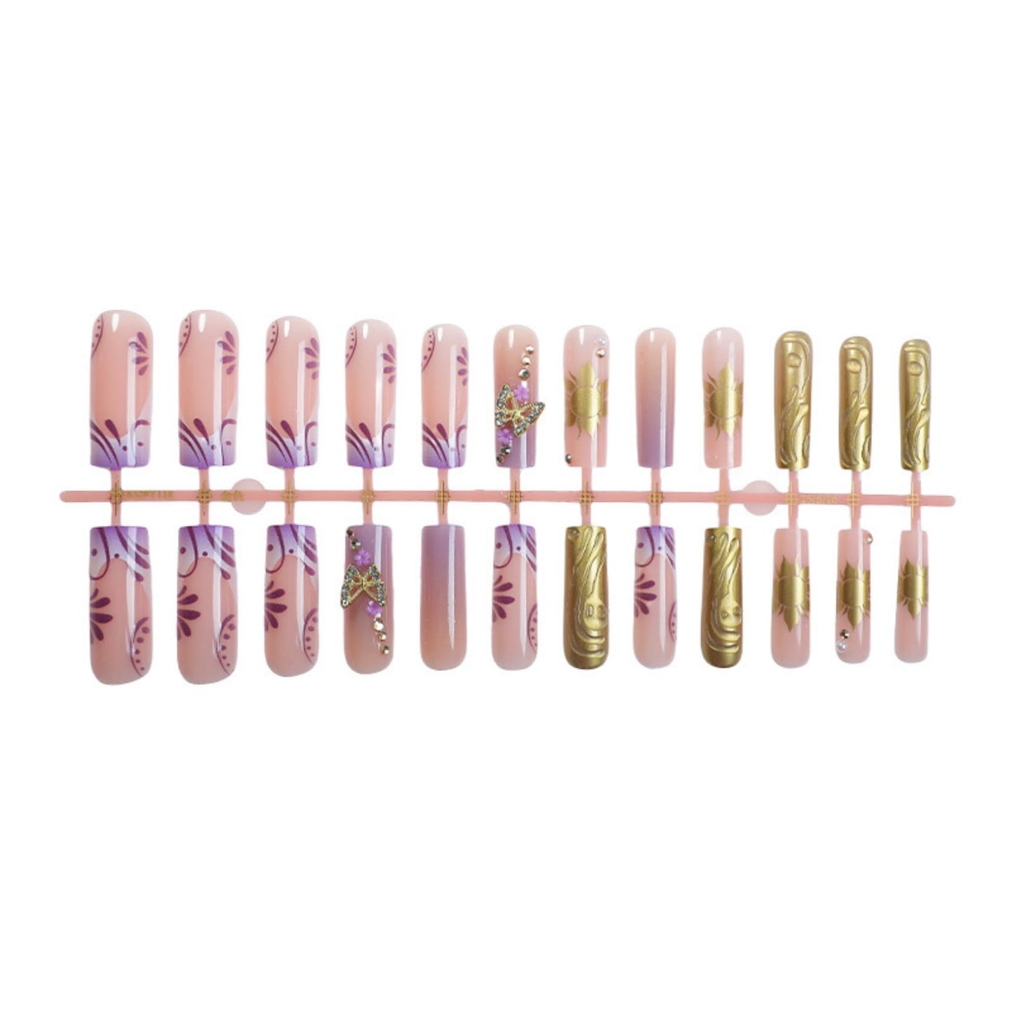 Long Press on Nails Square Purple and Gold Stick on Nail 24pcs