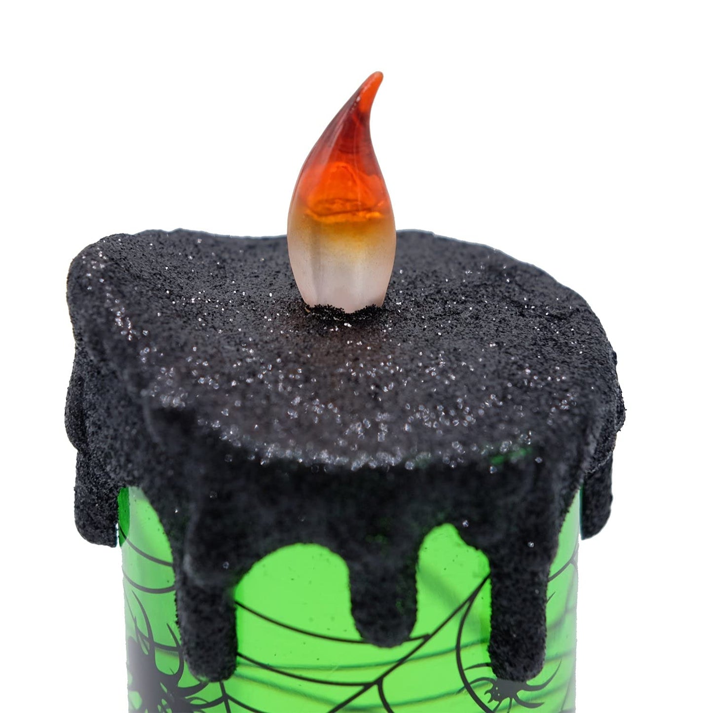 DRomance Halloween Flameless Candle Snow Globe Battery Operated with 6 Hour Timer, Green Light Spider Decal Water Tornado Lamp LED Candlestick Halloween Season Decor Gift 4 x 10 Inches