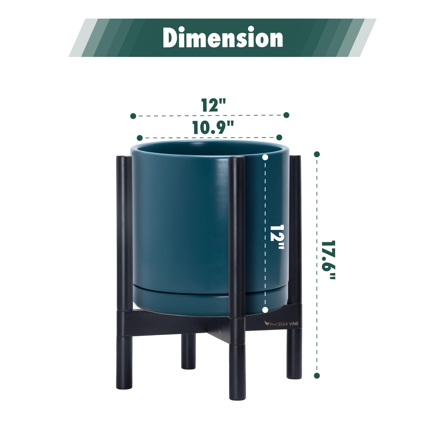 D'vine Dev Ceramic Planter with Ebony Stand - 12 Inch Modern Round Flower Pot with Wood Planter Holder, Teal, 55-B-H-4