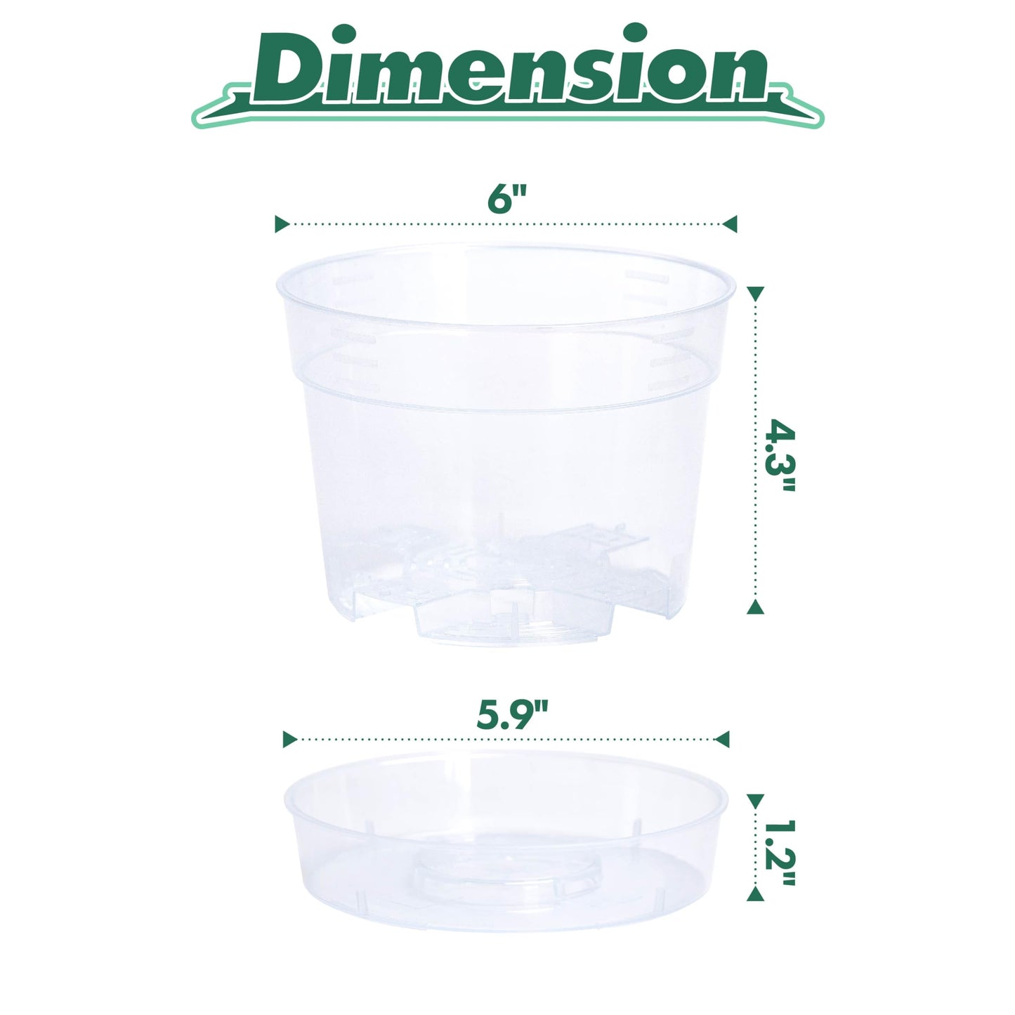 6 Inch Clear Plastic Plant Pot with Drainage Holes, Interlocking & Detachable Tray - Deep Saucer - Durable BPA-Free Plastic, Transparent Design, Raised Base for Airflow, Set of 24, 92-X-C-4