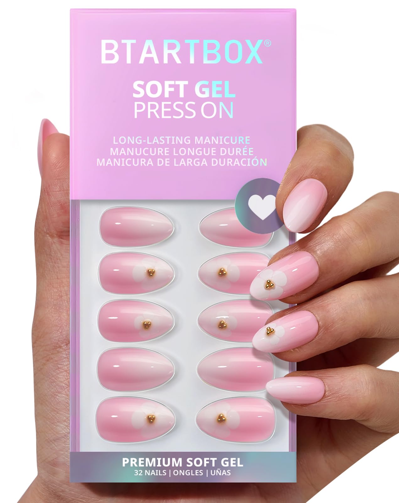 BTArtbox Press On Nails Short - Orchard Burst, Easy-to-Apply Omber Pink Almond Press On Nails with Glue and Adhesive Tabs in 16 Sizes - 32 Nails All-in-One Kit
