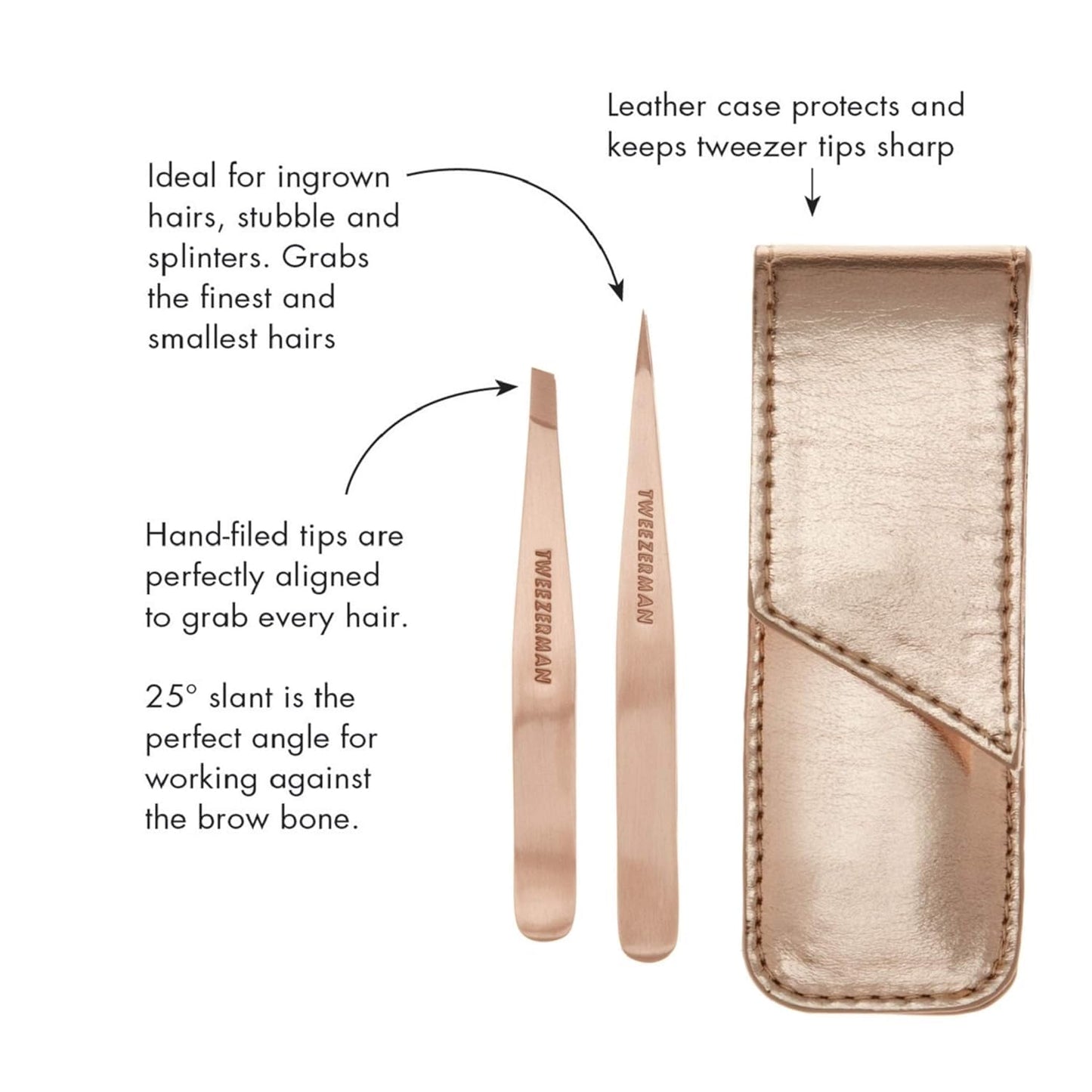 Tweezerman Rose Gold Petite Point and Slant Tweezer Set with Travel Case - Eyebrows for Women and Men