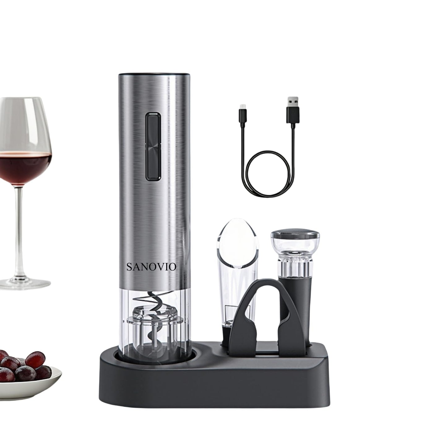SANOVIO 6-in-1 Electric Wine Opener Set - Rechargeable Automatic Corkscrew with Vacuum Sealer, Wine Aerator, Foil Cutter & Charging Base,Valentine's Day Gifts, Wine Lovers (Stainless Steel)