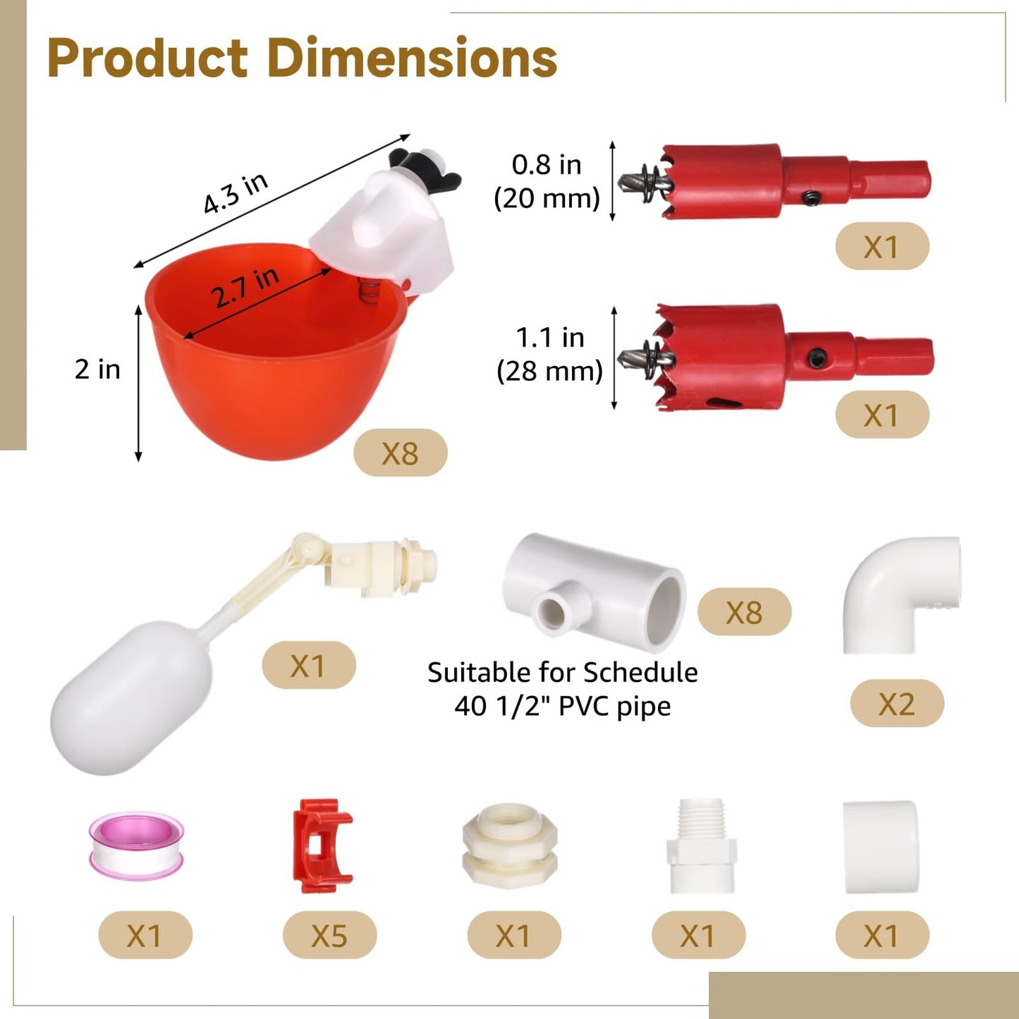 Automatic Chicken Waterer System - Complete PVC Pipelines Set with 8 Deep Drinking Cups, T Connectors, Float Valve, Automatic Pipe Feeder Poultry Watering Kit, Easy DIY Setup