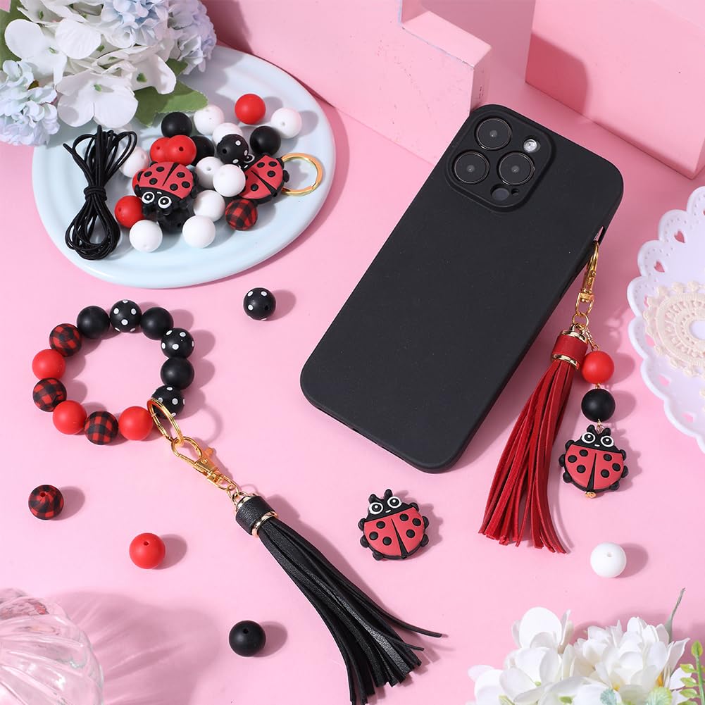SUNNYCLUE Ladybug Silicone Beads Keychain Making Kit Ladybird Silicone Focal Beads Insect 15mm Round Black Red Beads Bulk PU Leather Tassels Key Chain Split Rings for Key Chains Making Supplies