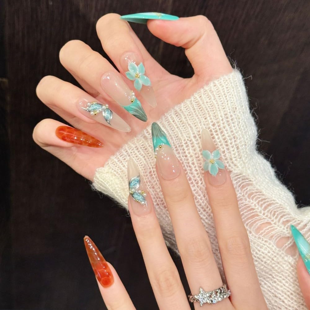 Vokupoga Long Almond Press on Nails Handmade Fake Nails French Stiletto False Nails with 3D Flower Designs Glossy Artificial Nails for Women 10Pcs(Size M)