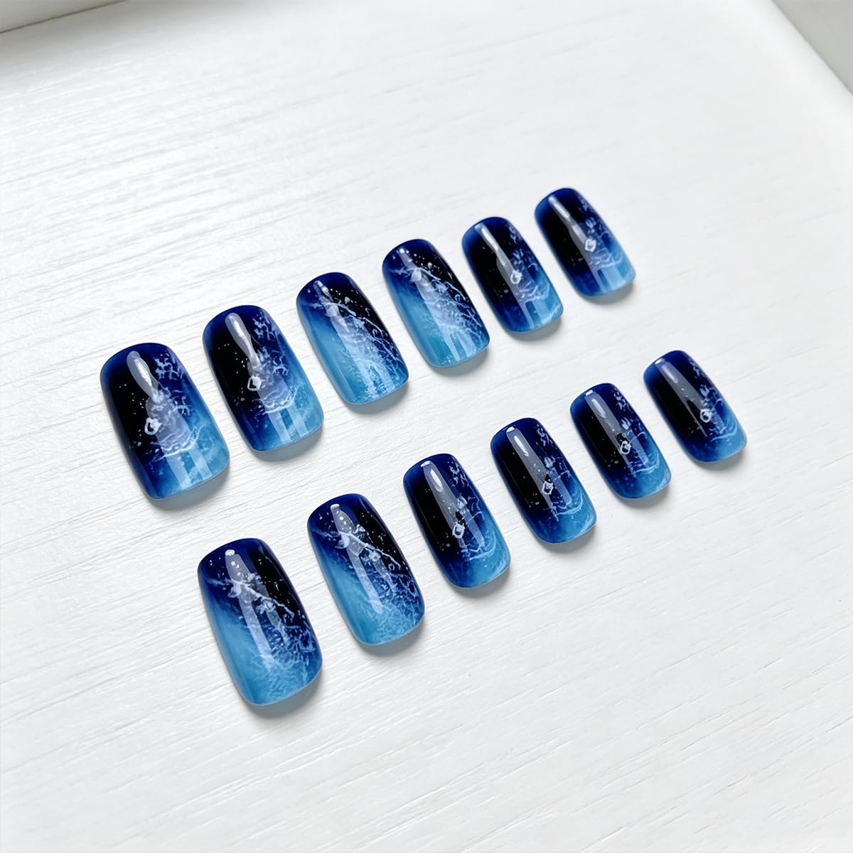 Summer Press on Nails Medium Square Fake Nails Ocean Beach False Nails Blue Gradient Acrylic Nails Reusable Full Cover Glue on Nails for Women Manicure Nail Decoration 24Pcs
