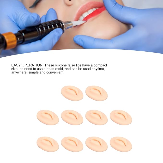 Dioche Fake Lips, 10PCS 3D Practice Silicone Lips Practice Lips Open Mouth Silicone 3D Fake Lips for Semi Permanent Training (Light Skin Colour)