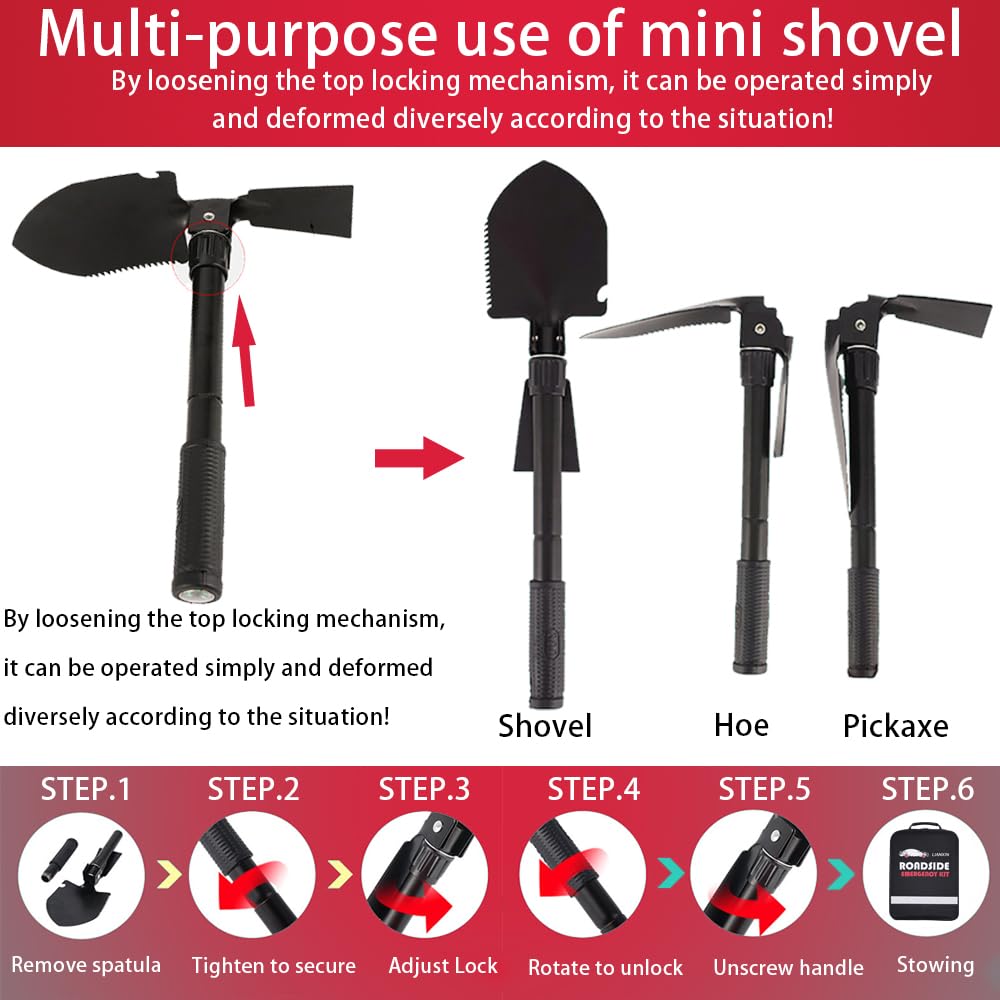 Car Emergency Roadside Tool Kit, Emergency Kits for Vehicles, Road Side Safety Assistance Kit ,With Jumper Cables for Car,Headlamp,Folding Shovel,Tow, Basic Automobile Road Side Kits for Men Women
