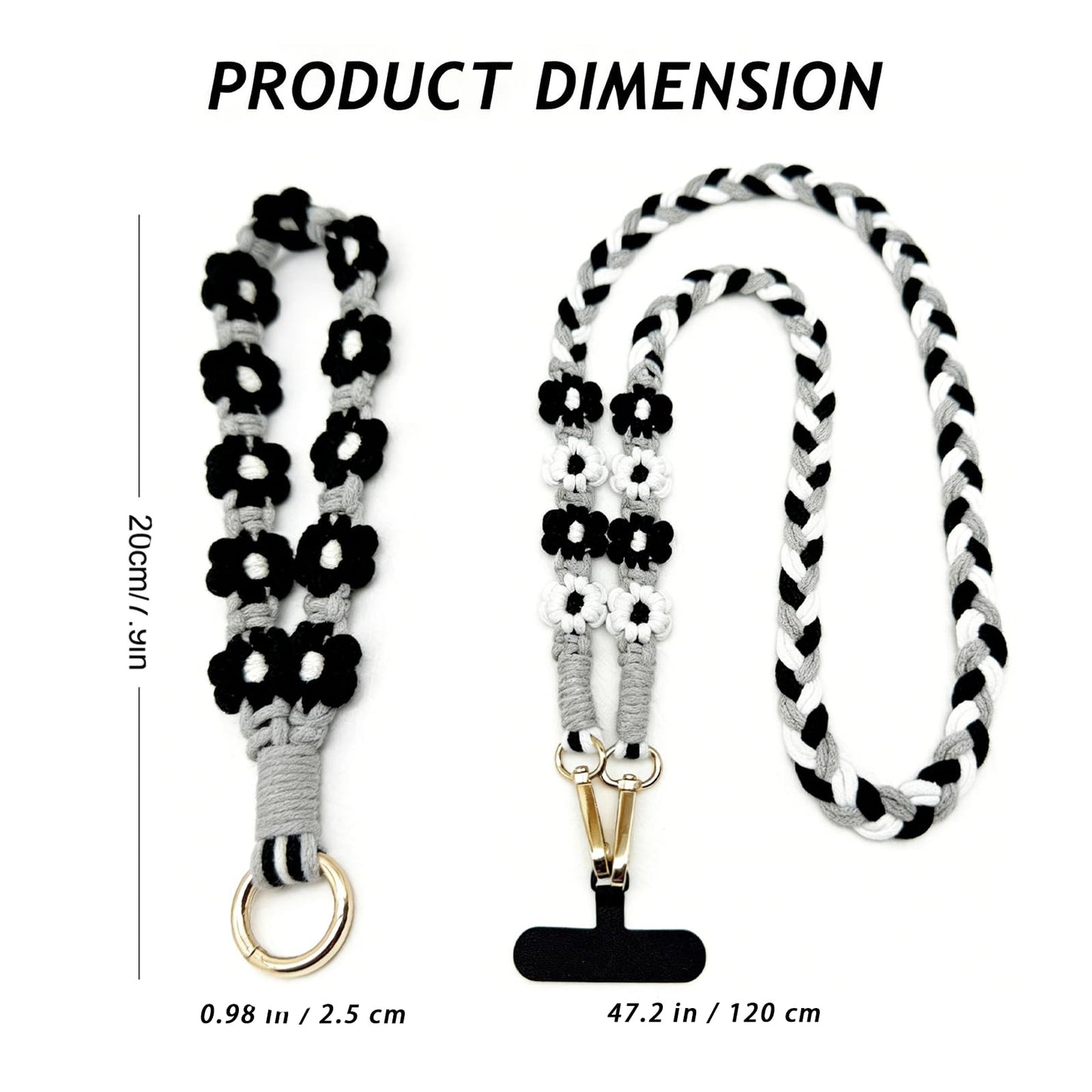 HuanHengOn 2PCS Handmade Bohemian Daisy Wristlet Keychain & Necklace Set, Boho Bag Charm & Shoulder Strap, Lanyard for Car Keys, Phone, USB Drive, Ideal Gift for Women & Girls