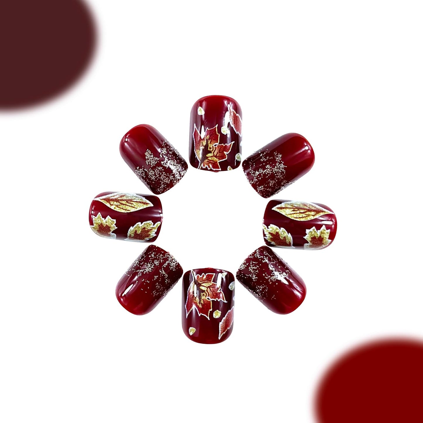 Fall Press on Nails Short Square Fake Nails Maple Leaves design Stick on Full Cover Red Brown Thanksgiving False Nails Gold Glitter Acrylic Artificial Nail for Women Girls Autumn Nail Accessories24pcs