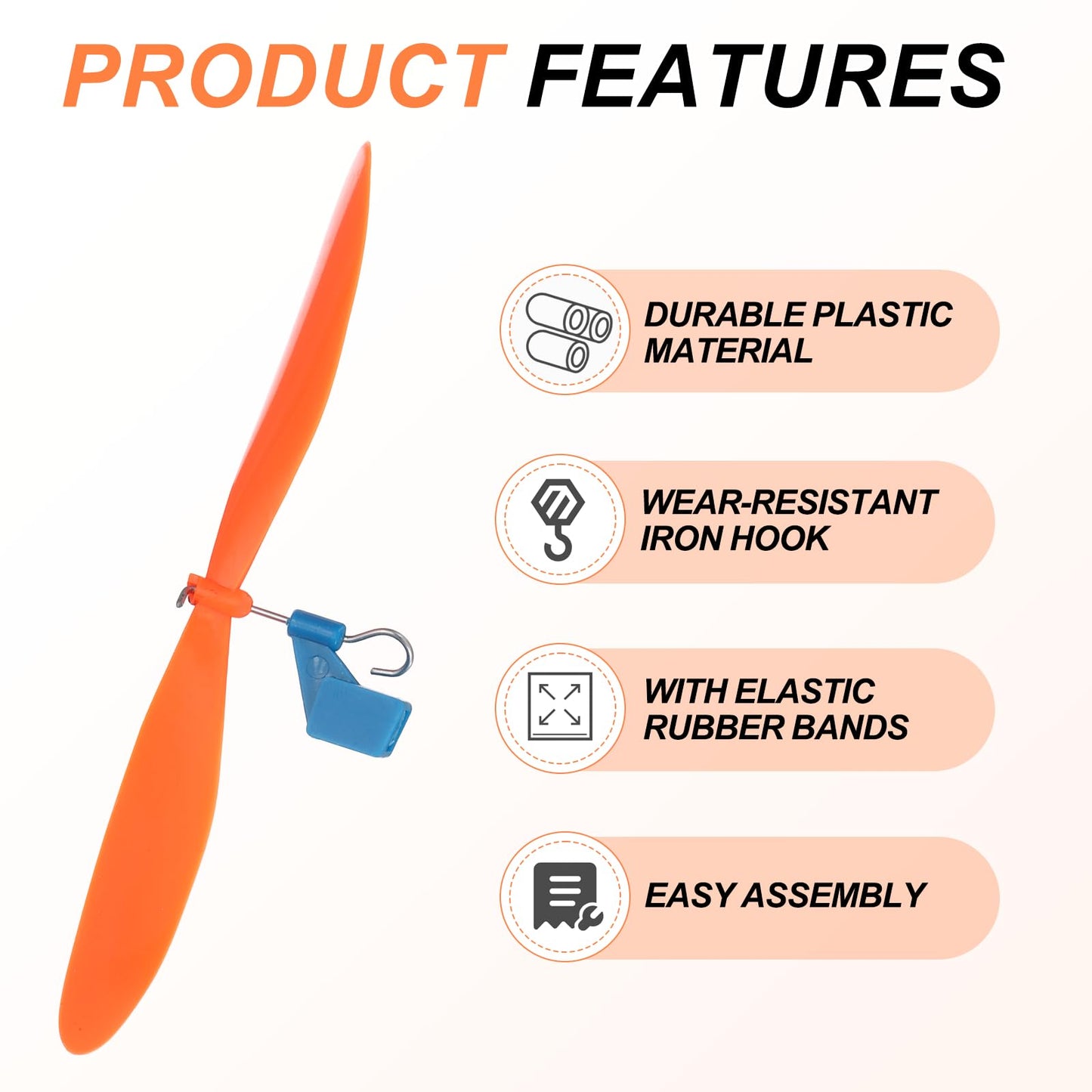 MECCANIXITY Plastic Propeller, Propeller Props Blade with Rubber Band Hooks Helicopter Kit 5" Fold Resistant for STEM Activities Powered Airplanes DIY Science(Orange, Pack of 15)