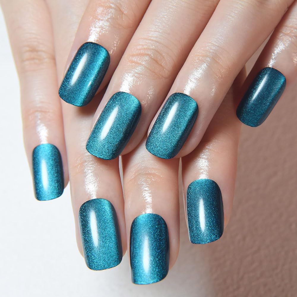 Teal Green Cat Eye Press on Nails Medium Square, Medium Square Press Stick on Nails Chrome for Women Gift, Green Holographic Glitter Glossy Reusable Soft Acrylic Fake Nail with Cateye Effect Design