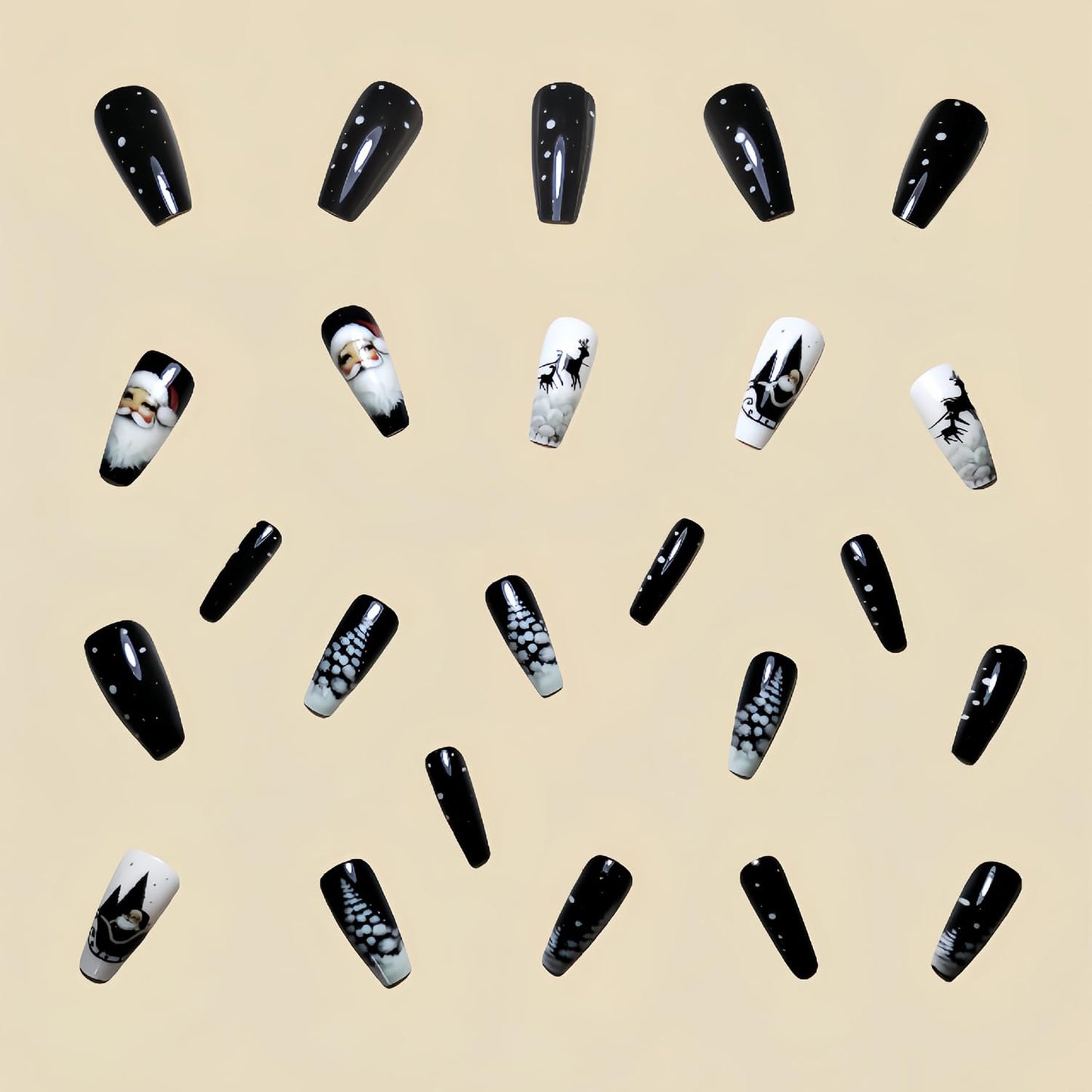 24 Christmas Press on Nails: Medium Coffin Glossy Acrylic False Nails with Santa Claus, Reindeer & Snowflake Designs - Black Press on Nails for Women & Girls