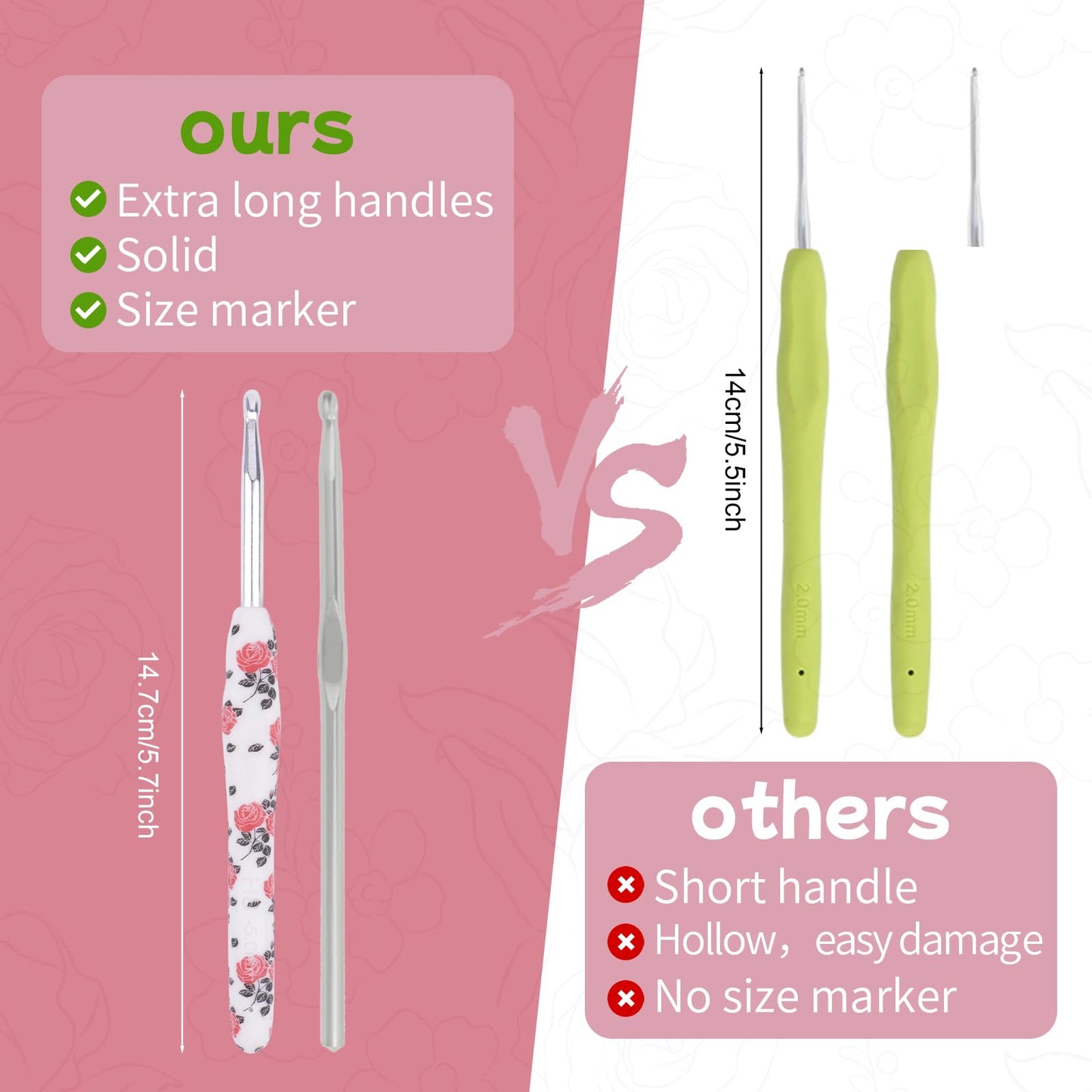 Weabetfu Crochet Hook Set 14Pcs Hand-Rubber Crochet Needles 2.25mm(B)-10mm(N) Streamline Crochet Hooks for Arthritic Hands Rose Metal Knitting Needles with Storage Case