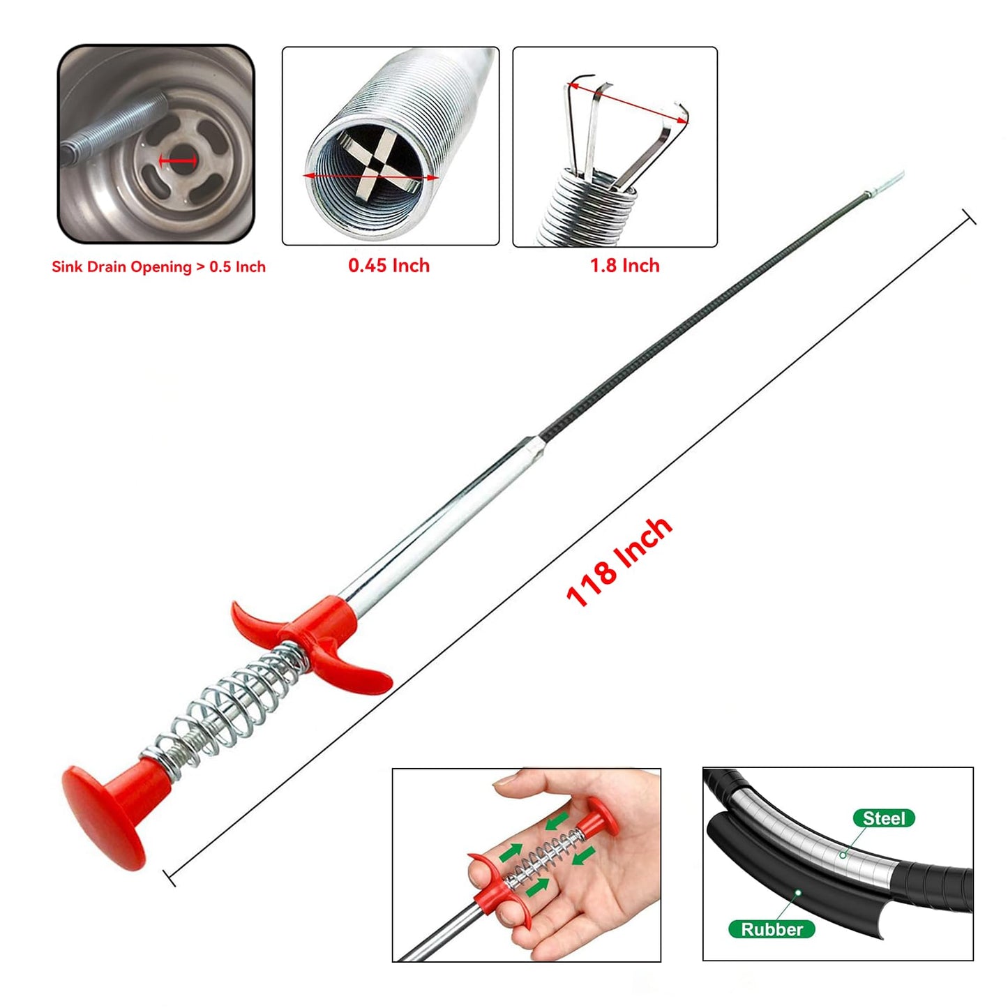 GDOMI 118" Flexible Grabber Claw Tool Reacher, Drain Snake Hair Drain Clog Remover Tool with 4 Claws Bendable Hose for Litter Pick, Home and Kitchen Sink, Drains, Toilet