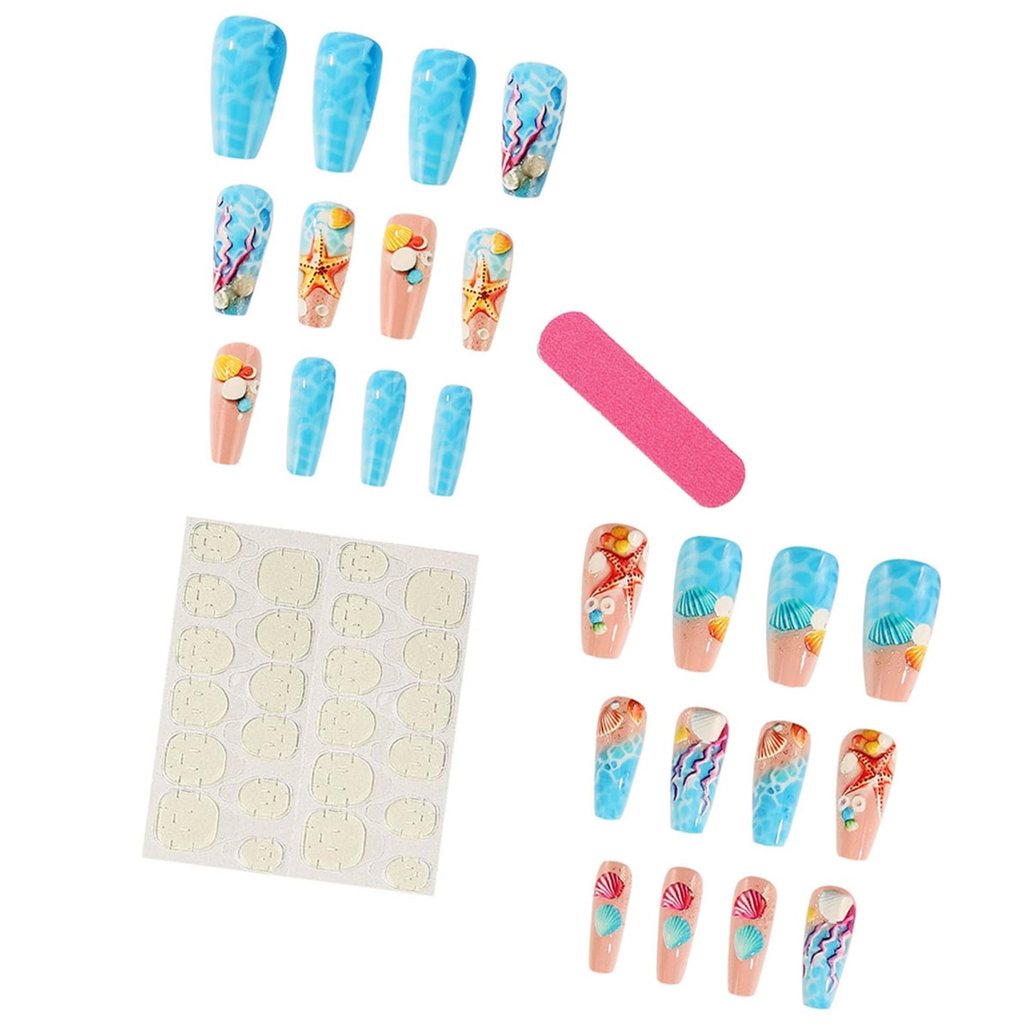 Beach Press on Nails Medium Coffin Fake Nails with Starfish Shell Coral Design Acrylic False Nail Glossy Full Cover Stick on Nail Reusable Artificial Summer Nails for Women Manicure 24Pcs