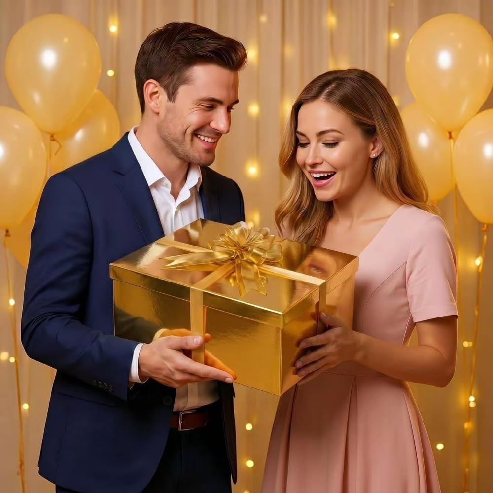 UoeRing Gold Large Gift Box 1Pcs 15x12x6 inch,luxury Gift Box with Lid for Birthday Christmas Valentine's Day Mother's Day (Includes Pull Bows,Card,Envelope,Filler)