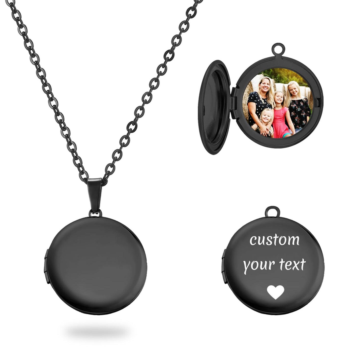 PHOCKSIN Glossy Black Lockets Round Personalized Locket Necklace Custom Photo Lockets for Women Picture Locket Necklaces withe Text Engraved Customized Gifts for Women