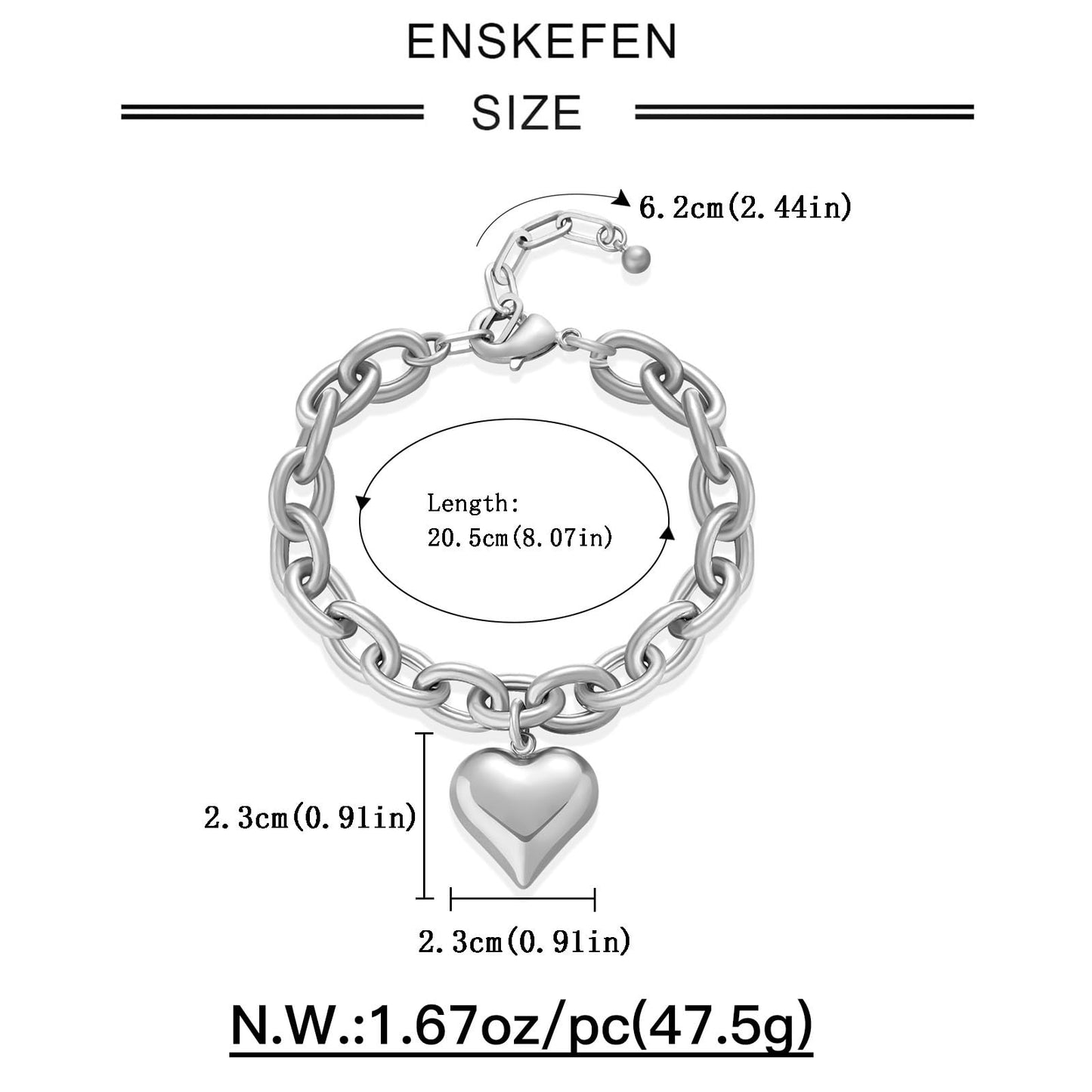 ENSKEFEN Puffy Heart Silver Charm Bracelets for Women Chunky Love Heart Link Chain Bracelets Adjustable White Gold Bangle Bracelet Stackable Jewelry