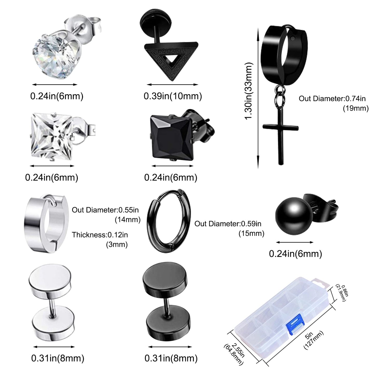 LEBOCADO 10 Pack Men Earrings Set Black and Sliver Earrings for Men Women, Stainless Steel Hoop Stud Earrings Fashion Piercing, Punk Earrings with Storage Boxes