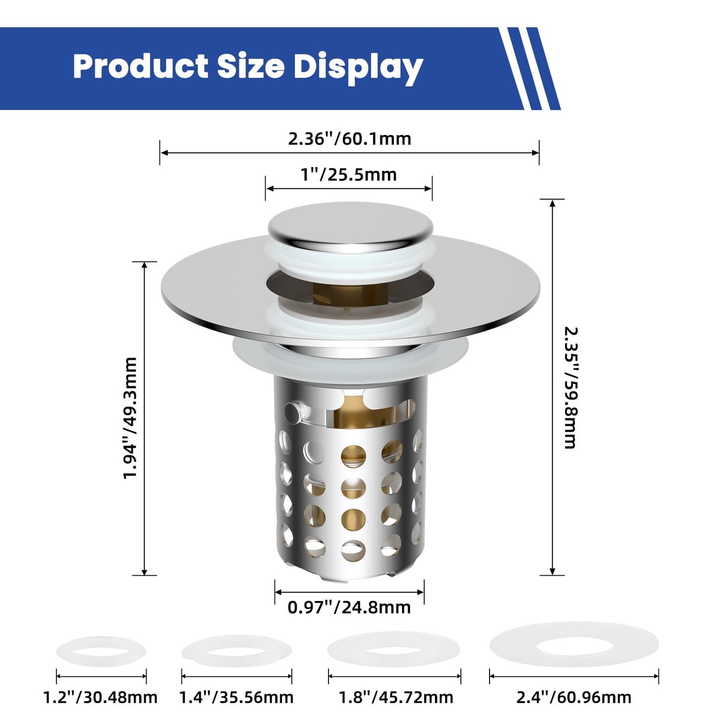 Universal Bathroom Sink Drain Strainer Hair Catcher 2PCS Upgraded with Removable Stainless Steel Filter Basket, 3 in 1 Pop Up Sink Stopper for 1.1''~2.36'' Sink Basin Hole, Chrome