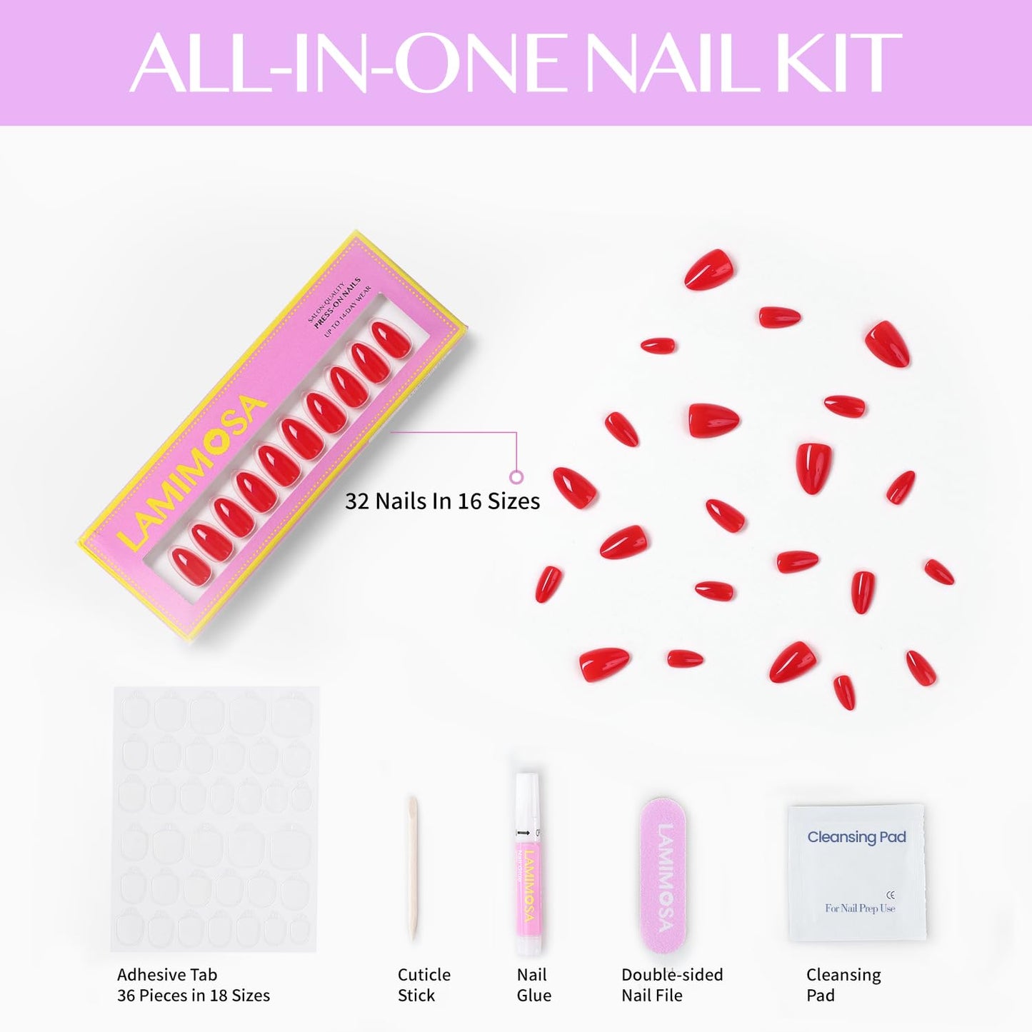 LAMIMOSA 32Pcs Press On Nails Short Almond – Solid Bright Red Fake Nails in 16 Sizes, Soft Gel Glue on Nails, Spring Summer False Nails with Glue, Orange Red Stick On Nails, CHILLI