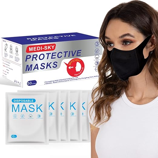 Medi-sky 3D Disposable Mask for Adults, Elastic Cloth Ear Straps Breathable Face Mask Individual Package 50pcs Black